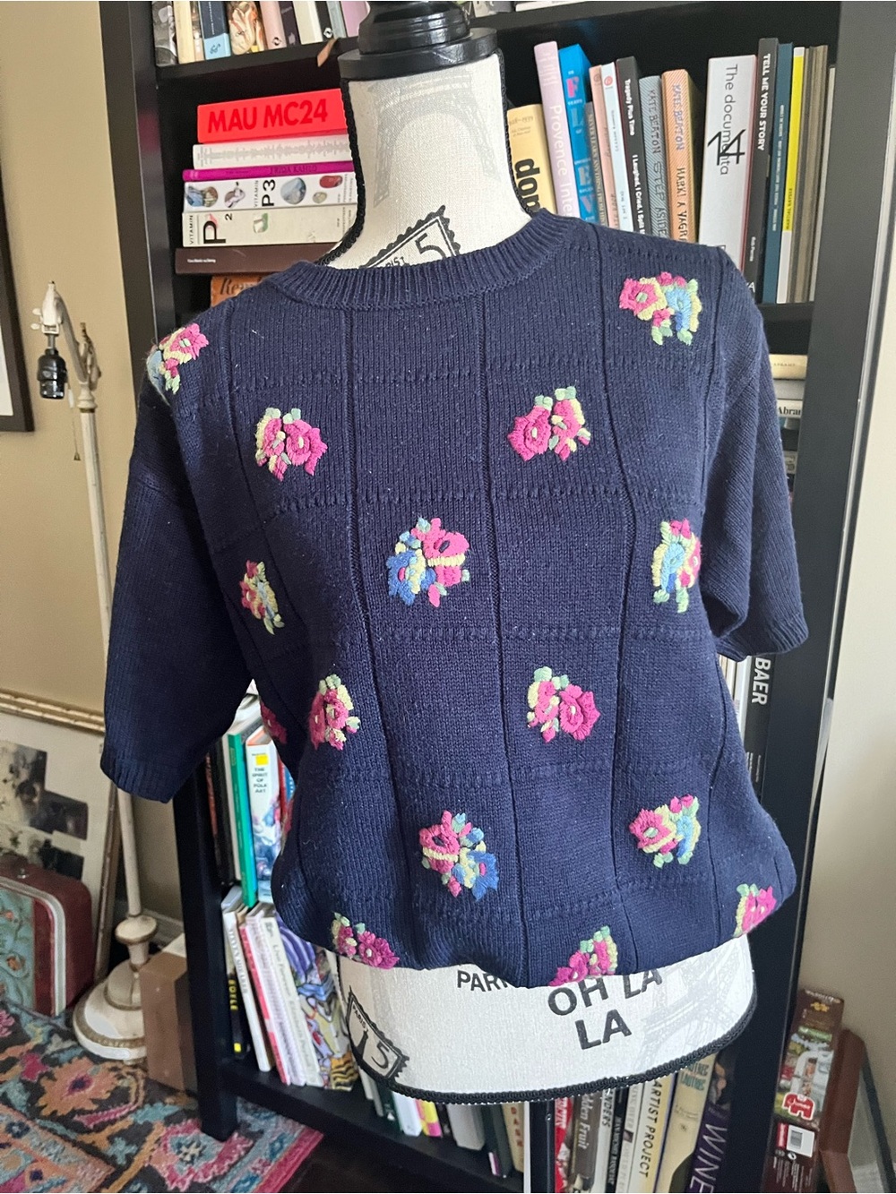 Vintage Alia Navy Short-Sleeve Knit Top with Pink Floral Embroidery